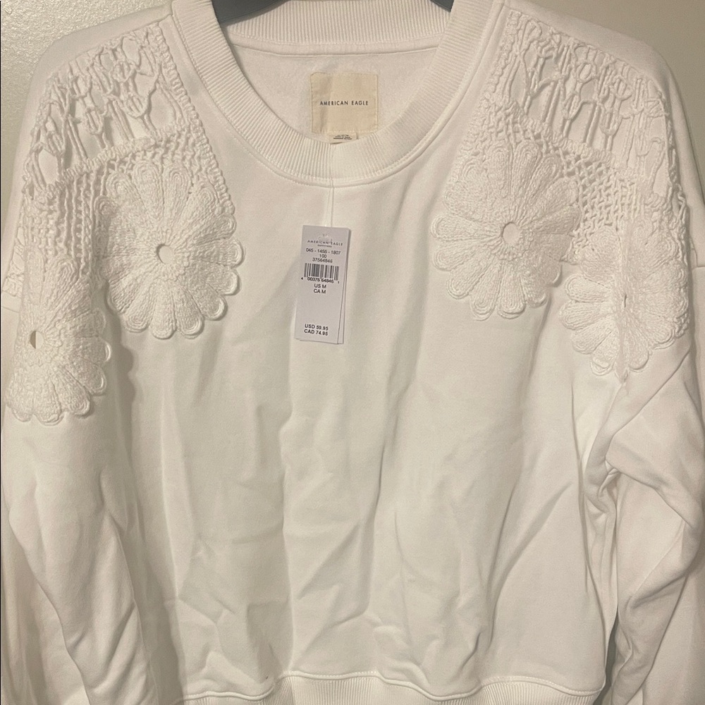 American Eagle White Cropped Sweatshirt with Lace Details - Picture 5 of 5